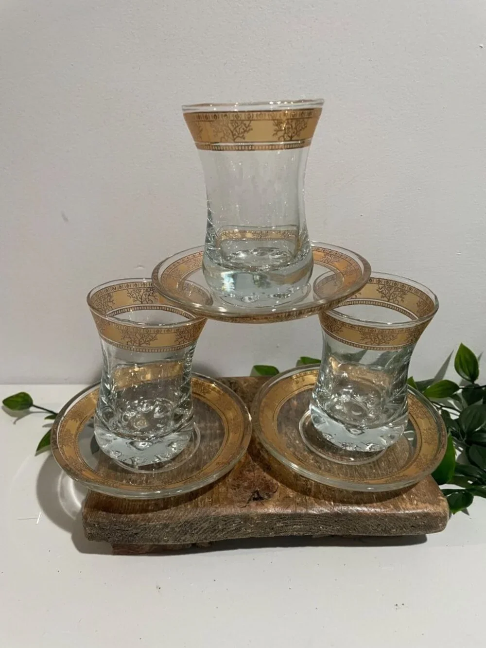 Turkish Tea Glasses With Gold Trim & Matching Saucers - Elegant Design Set Of 3
